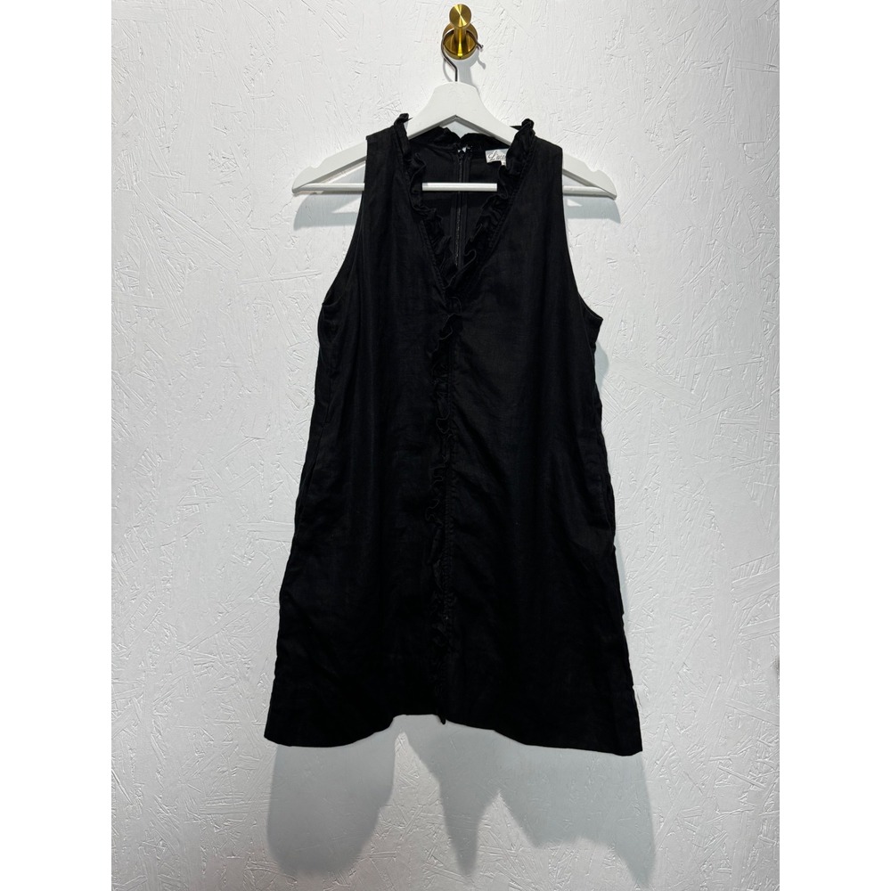 L'Academie Black 100% Linen Ruffle V-Neck Mini Dress Sleeveless Small - Picture 3 of 6